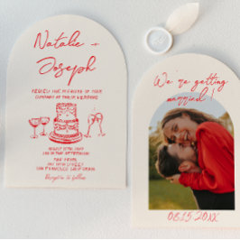 Convite Arched Retro Hand Drawn Red Unique Photo Wedding