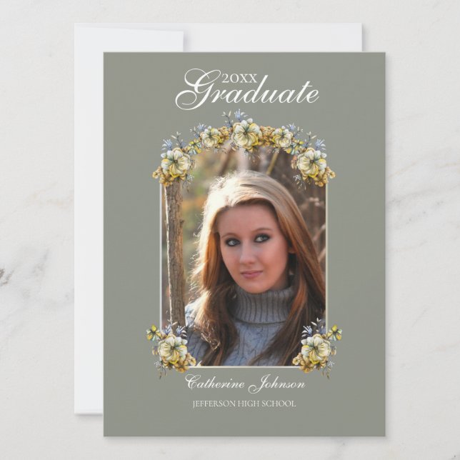 Convite Arched Sage Green Floral Graduation (Frente)