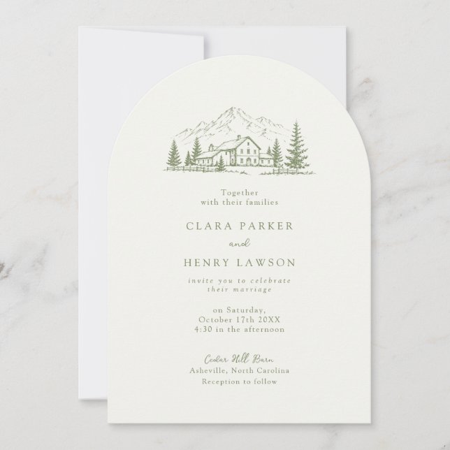 Convite Arched Sage Mountain Photo Wedding Invitation (Frente)