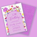 Convite Arco 60ª Festa de aniversário de flor selvagem rox<br><div class="desc">Um arco de Boho roxo rodeia seus 60º detalhes de Festa de aniversário. Flores silvestres coloridas adicionam um toque floral em roxo, amarelo alaranjado e vermelho. A escrita moderna também em roxo adiciona uma vibração de tendência que também é feminina. O dorso é roxo profundo com um sutil padrão de...</div>