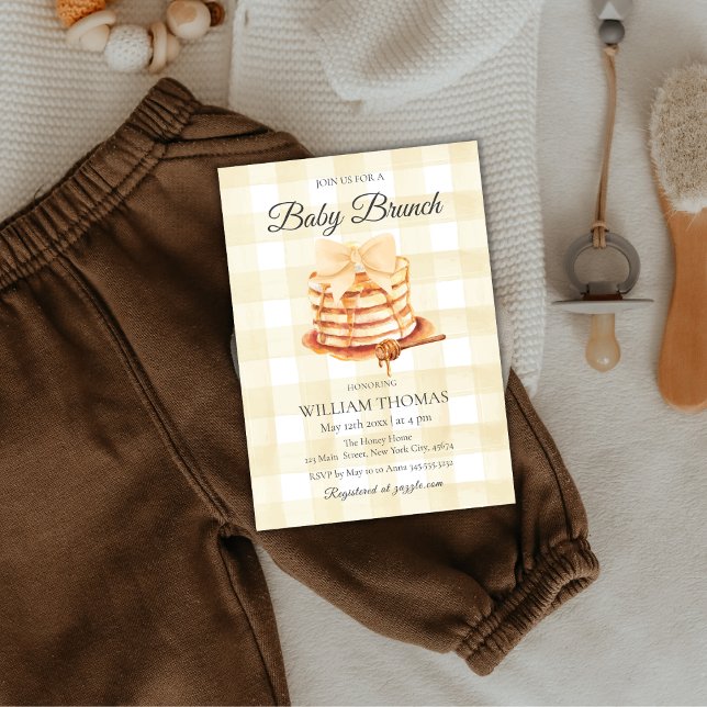 Convite Arco Amarelo Baby Brunake Chá de fraldas (Yellow Gingham Bow Baby Brunch Pancake Baby Shower Invitation)