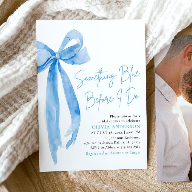 Convite Arco Azul Algo Azul Antes Que Eu Faça Chá de panel (Modern Watercolor Blue Bow Something Blue Before I Do Bridal Shower Invitation)