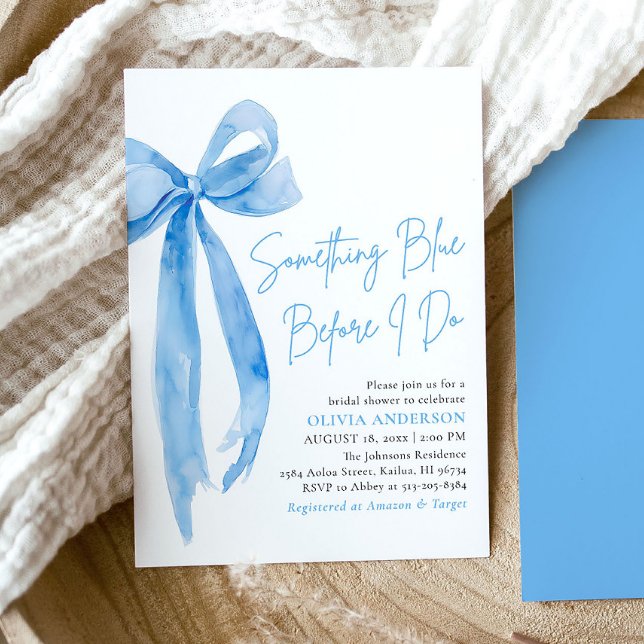 Convite Arco Azul Algo Azul Antes Que Eu Faça Chá de panel (Modern Watercolor Blue Bow Something Blue Before I Do Bridal Shower Invitation)