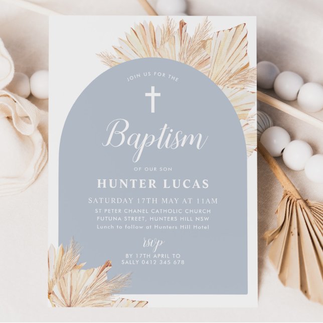 Convite Arco Azul Boho Floral Meninos Batizado e Batismo (Blue Boho Baptism Invitation)