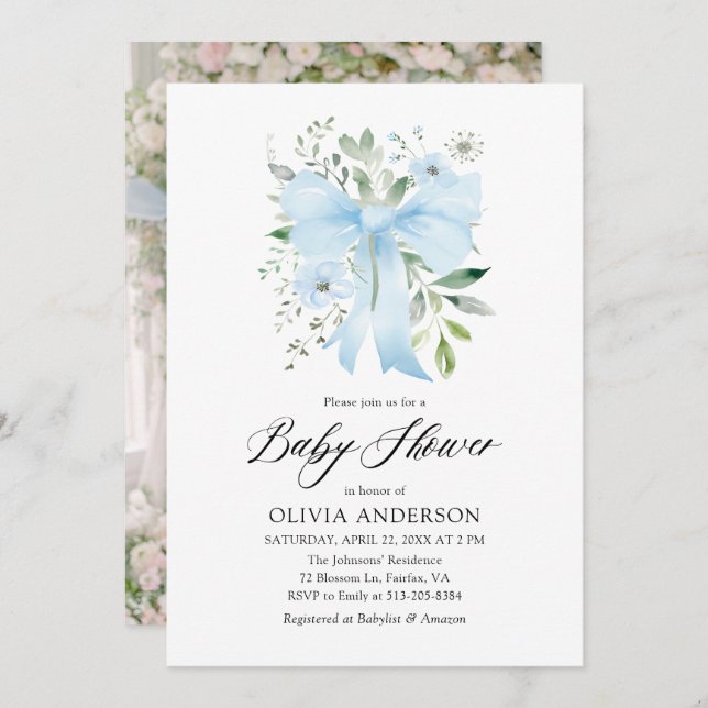 Convite Arco Azul, Chá de fraldas Floral Bloomo (Frente/Verso)
