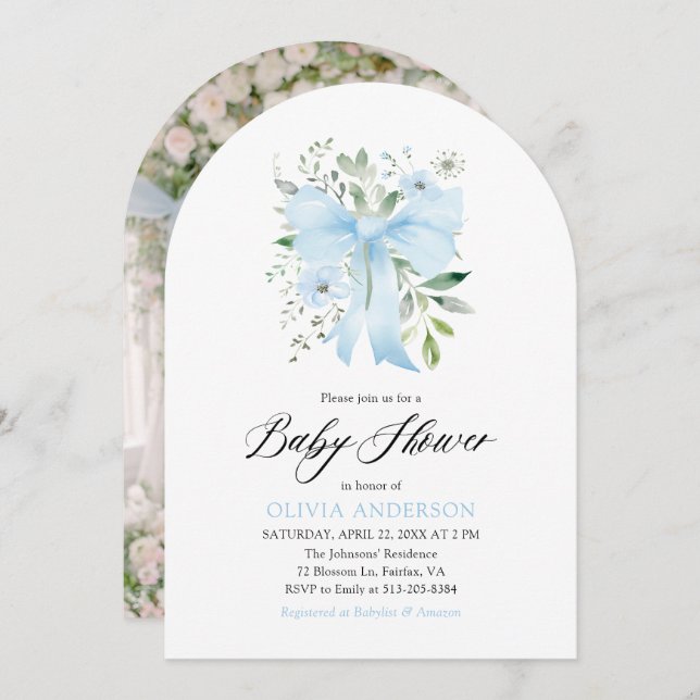 Convite Arco Azul, Chá de fraldas Floral Bloomo (Frente/Verso)