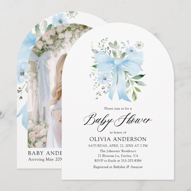 Convite Arco Azul, Chá de fraldas Floral Bloomo (Frente/Verso)