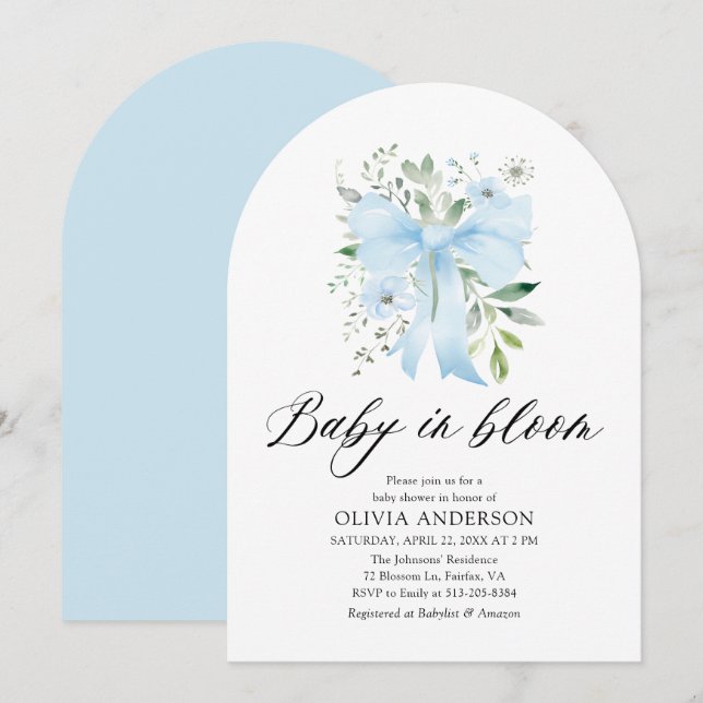Convite Arco Azul, Chá de fraldas Floral Bloomo (Frente/Verso)