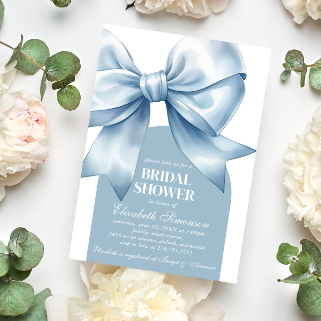 Convite Arco Azul Chá de Noiva Elegante (Blue Bow Elegant Bridal Shower Invitation)