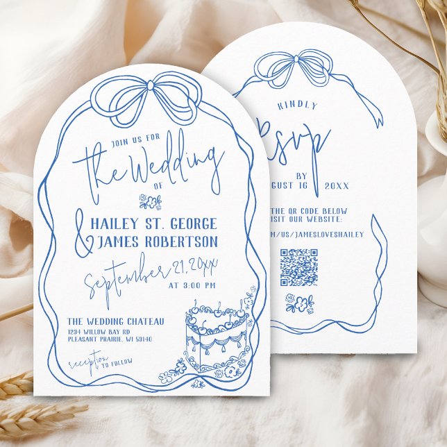 Convite Arco AZUL, desenhado à mão moderna, retro casament (Retro modern hand drawn blue and white elegant coquette bow floral vintage cake wedding invitation)