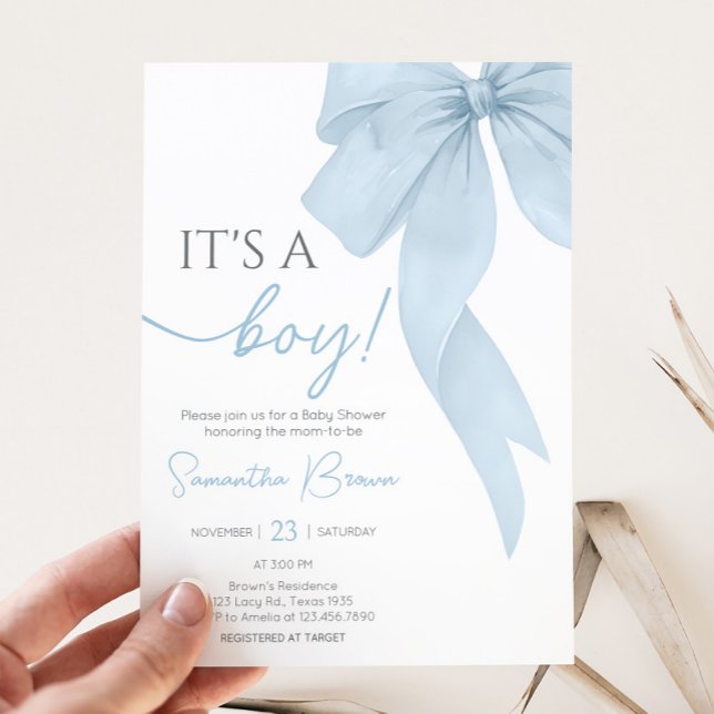 Convite Arco Azul É Um Chá de fraldas (Its A Boy Blue Bow Baby Shower Invitation
)