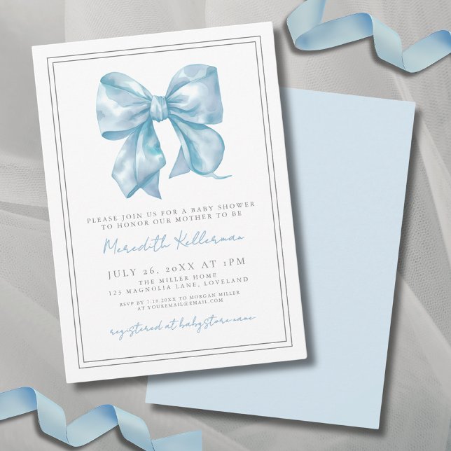 Convite Arco Azul Elegante (Elegant Baby Blue Bow Baby Shower Invitation)