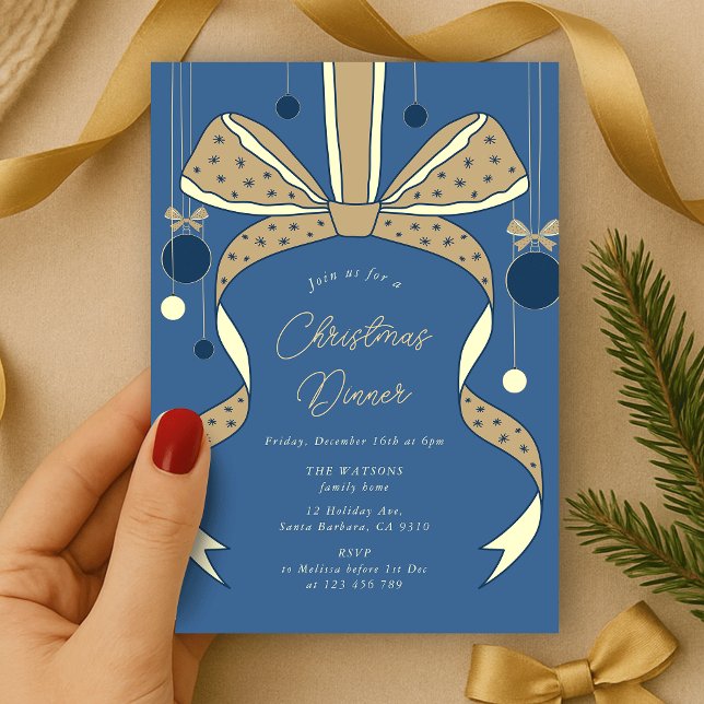 Convite Arco Azul Elegante e Festa de Natal de Fitas (elegant bow and ribbon Christmas party invitation blue and cream)