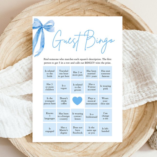 Convite Arco Azul Encontre o Jogo do Chá de panela de Bing (Modern Watercolor Dusty Blue Bow Find the Guest Bingo Bridal Shower Game)