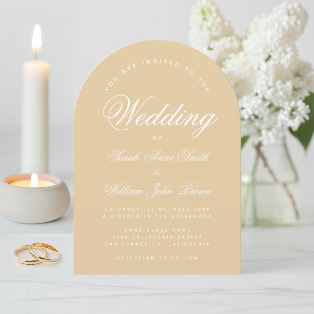 Convite Arco Bege de Casamento Moderno Simples Caligrafia (Criador carregado)