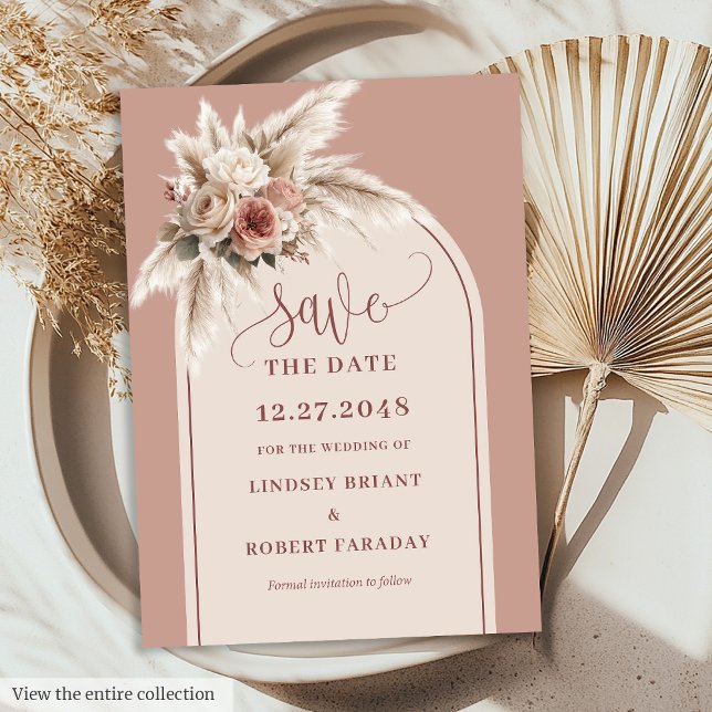Convite Arco Boho Caprichoso Floral Rosa Po dusty Save Dat (Whimsical Boho Arch Dusty Pink Floral Save the Date)