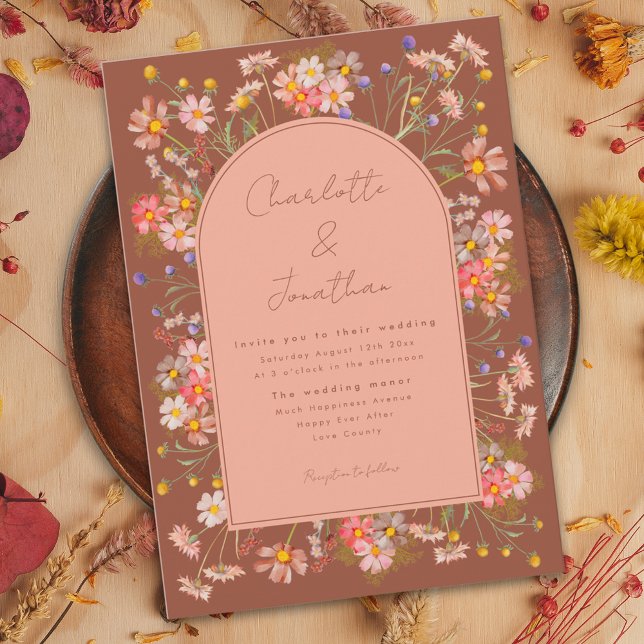 Convite Arco Boho de Flor Silvestre Laranja Queimada Casam (Wildflower arch burnt Orange terracotta boho fall wedding invitation with whimsical script )