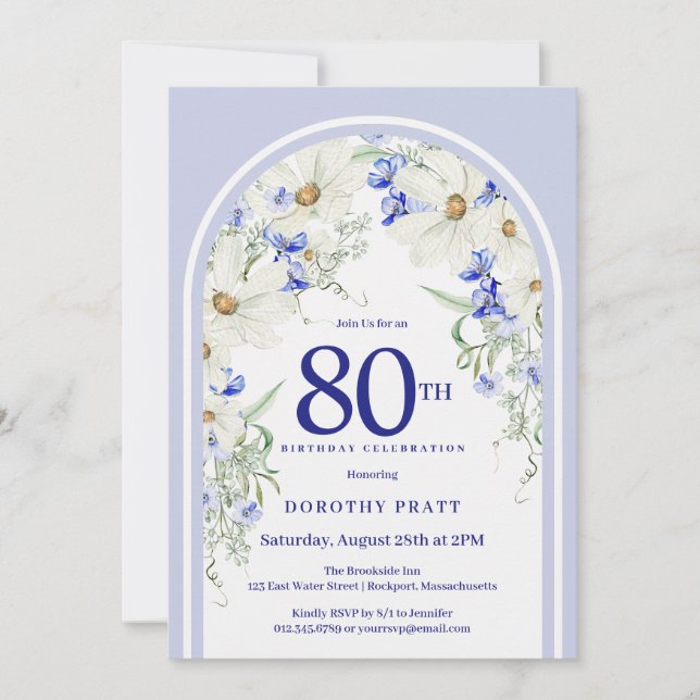 Convite Arco Boho Floral Branco Azul para Aniversário de 8 (Frente)
