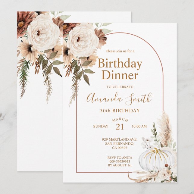 Convite Arco Boho Floral de Abóbora de Outono Aniversário  (Frente/Verso)