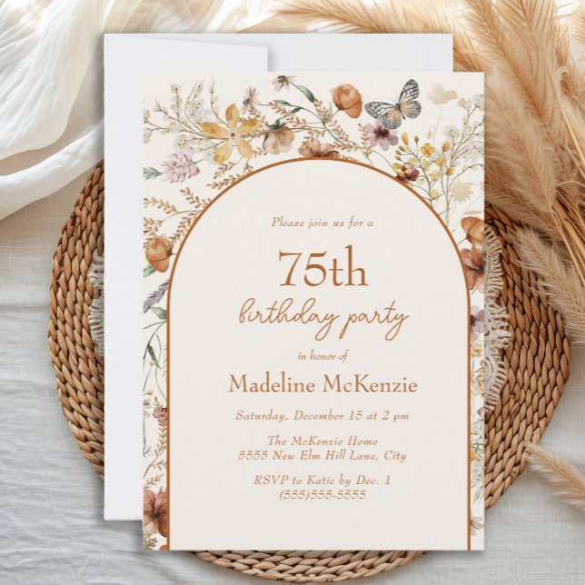 Convite Arco Boho Flores Silvestres 75º Aniversário (Boho floral and butterfly 75th birthday invitation)