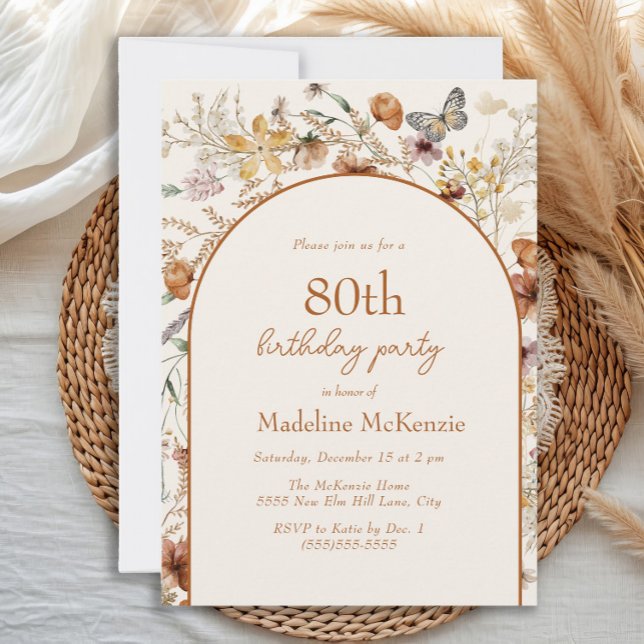 Convite Arco Boho Flores Silvestres 80º Aniversário (Boho floral and butterfly 80th birthday party invitation)