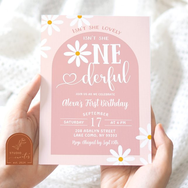 Convite Arco Boho Rosa Margarida Onederful Primeiro Aniver (Criador carregado)