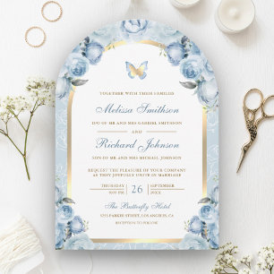 Convite Arco Borboleta Casamento Floral Azul Macio Dourado