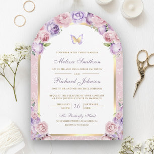 Convite Arco Borboleta Casamento Floral Rosa Lavanda Doura