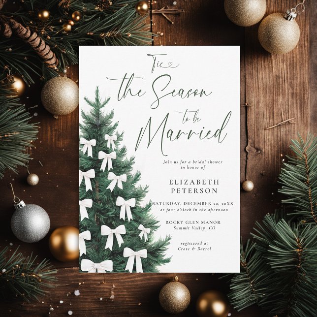 Convite Arco Branco da Árvore de Natal  Chá de panela (winter bridal shower invitation christmas pine tree coquette white bows watercolor chic cozy cottage)
