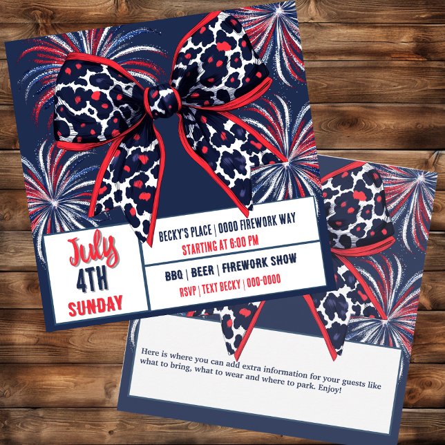 Convite Arco branco-vermelho e leopardo azul (July 4th Independence Day Patriotic party invitation you can customize on both sides
)
