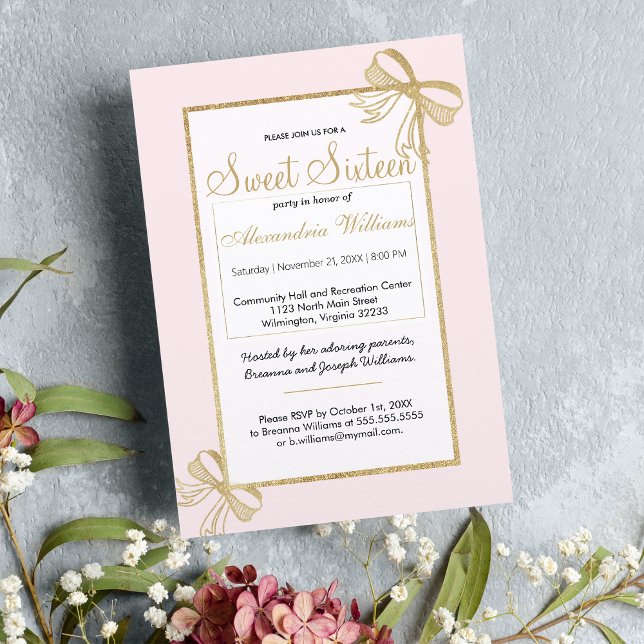 Convite Arco brilhante, cor-de-rosa, dourado, brilhante 16 (Blush pink faux gold glitter bow Sweet 16 Invitation)