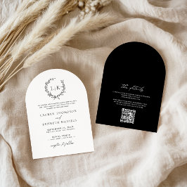 Convite Arco Casamento Clássico Monograma QR Code Preto e 