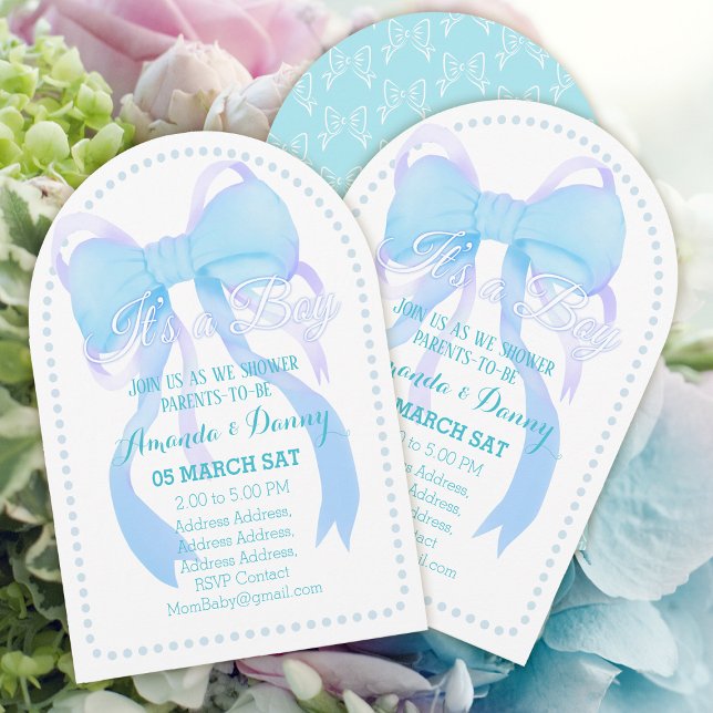 Convite Arco Chá do Bebê Azul (Blue Ribbon Baby Shower Invitation Card)