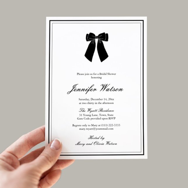 Convite Arco Chic Chá de panela Negro E Branco (Classy black bow Old Money aesthetic bridal shower invitation with elegant border and calligraphy)
