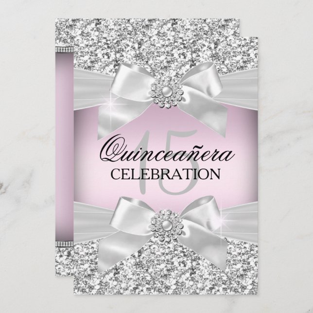 Convite Arco Cinzento Rosa Silver e Jewel Quinceanera Conv (Frente/Verso)