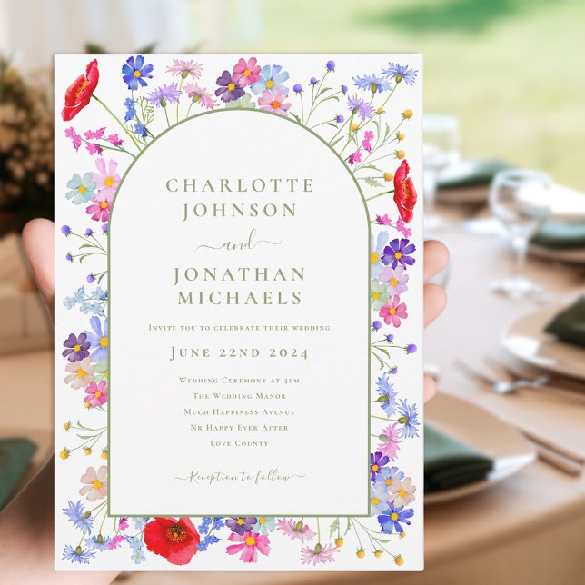 Convite Arco Colorido de Flores Silvestres (Colorful wildflower arch with elegant green typography script wedding invitation )