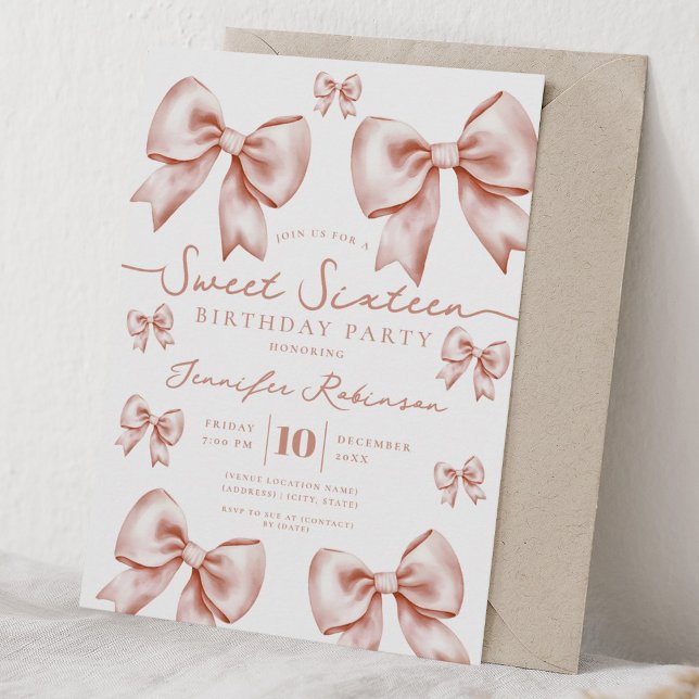 Convite Arco Coquete Fêmea Doce 16 Aniversário Rosa Dourad (Girly Coquette Bow Sweet 16 Birthday Rose Gold Invitation)