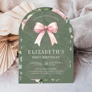 Convite Arco Coquete Flor Rosa Verde Sage para Primeiro An