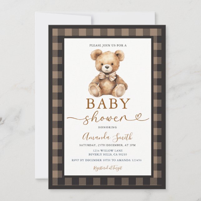 Convite Arco Coquete Urso Menino Chá de Bebê Xadrez Marrom (Frente)