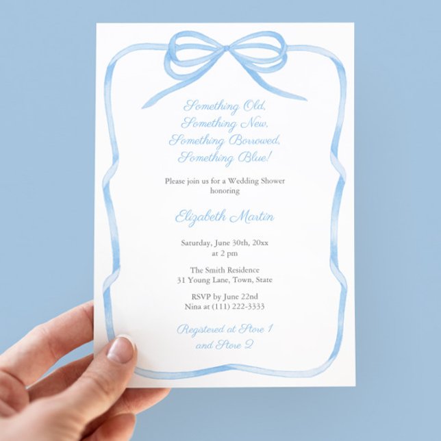 Convite Arco Coquette Algo Chá de panela Azul (Something Blue Theme Bridal Shower Party Invitation With Coquette Light Blue Bow and Ribbon Frame)