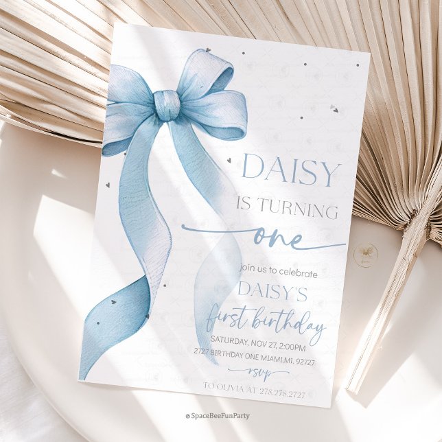 Convite Arco Coquette Azul 1º Aniversário  (Bow Coquette Birthday Invitation )