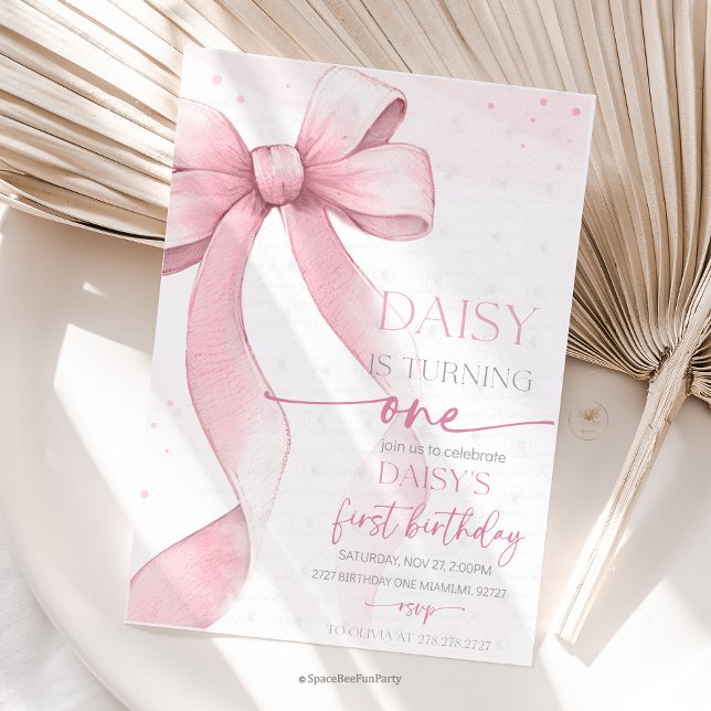 Convite Arco Coquette Rosa 1º Aniversário  (Bow Coquette Birthday Invitation )