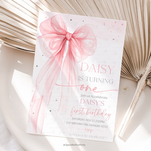 Convite Arco Coquette Rosa 1º Aniversário  (Bow Coquette Birthday Invitation )