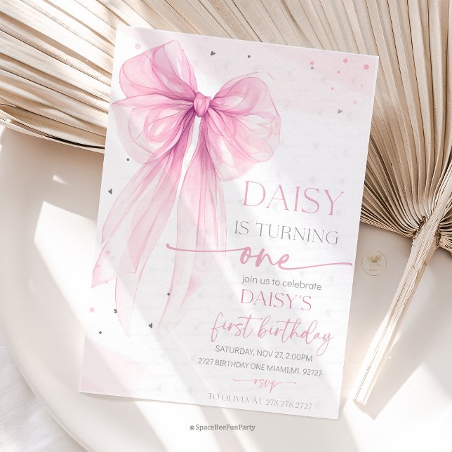 Convite Arco Coquette Rosa 1º Aniversário  (Bow Coquette Birthday,Elegant coquette,ribbon pamper party,Bow Any Age Party, Party decoration bow,)