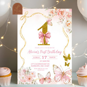 Convite Arco Coquette Rosa Borboleta Primeiro Aniversário