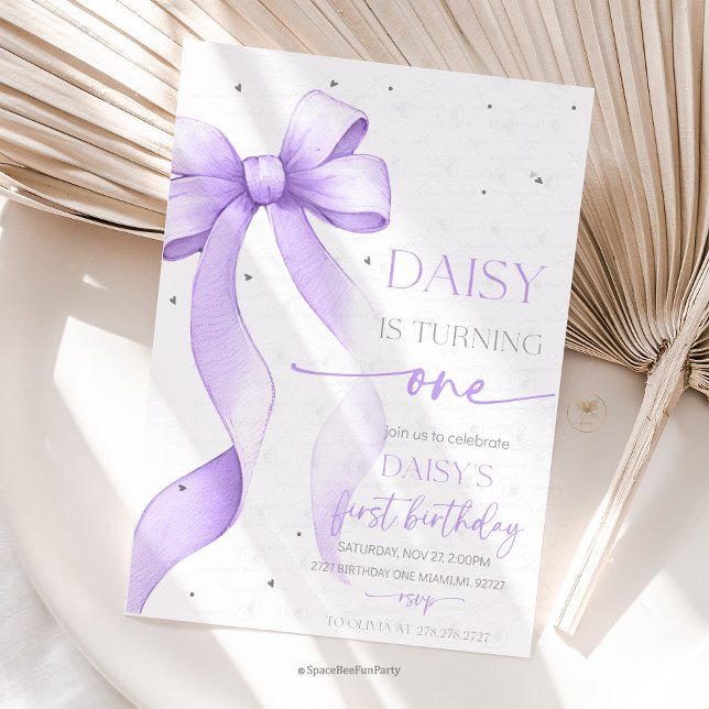 Convite Arco Coquette Roxo 1º Aniversário  (Bow Coquette Birthday Invitation )