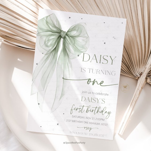 Convite Arco Coquette Sage 1º Aniversário  (Bow Coquette Birthday Invitation )