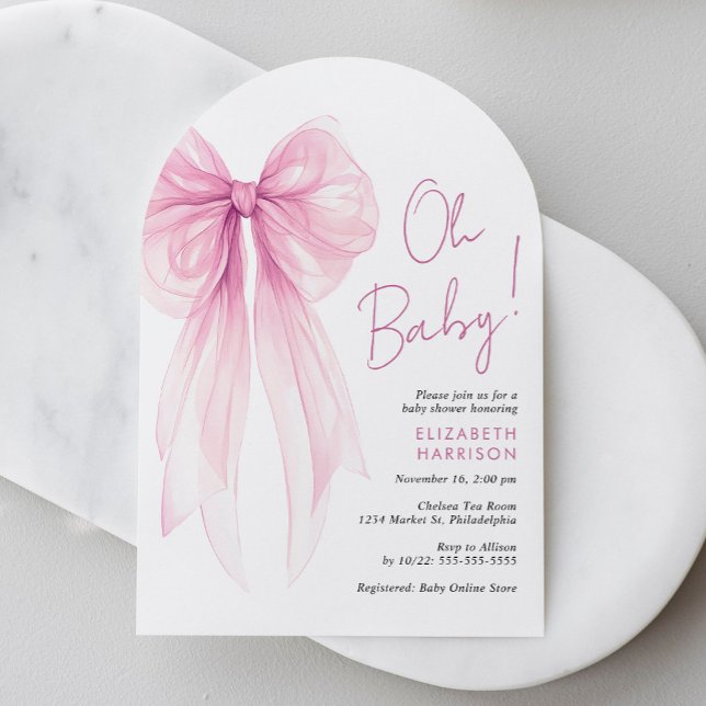 Convite Arco Cor d'água, cor rosa, Chá (Celebrate the upcoming arrival of your baby girl with a coquette bow arch baby shower invitation)
