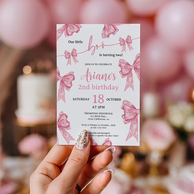 Convite Arco cor-de-rosa fantasma Pequeno segundo aniversá (Pink Coquette Bow Ghosts Little boo 2nd birthday Invitation)