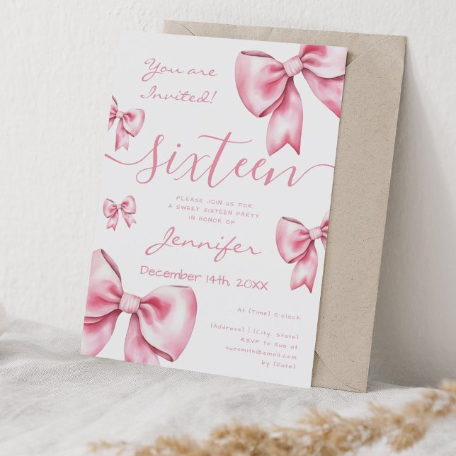 Convite Arco Cor-de-rosa-pincelado Coquette Doce 16 (Coquette Blush Pink Bow Sweet 16 Party Invitation)